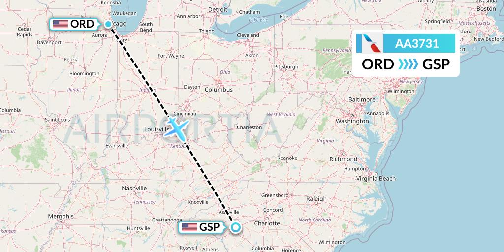 AA3731 American Airlines Flight Map: Chicago to Greenville-Spartanburg