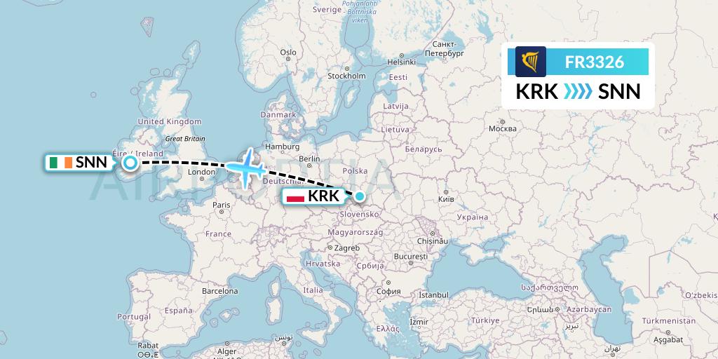 FR3326 Ryanair Flight Map: Krakow to Shannon