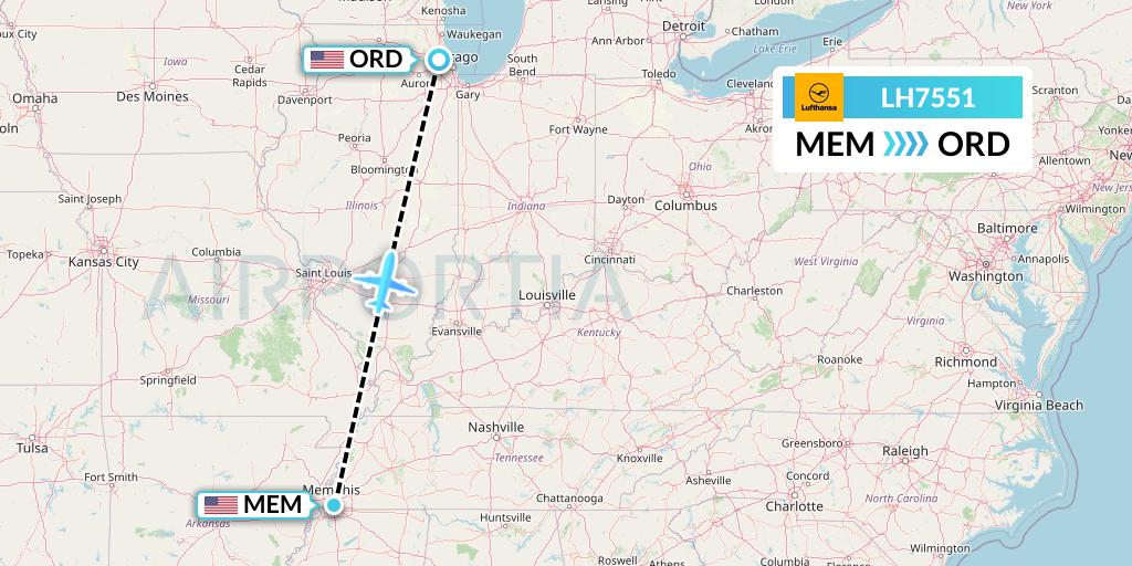 LH7551 Lufthansa Flight Map: Memphis to Chicago