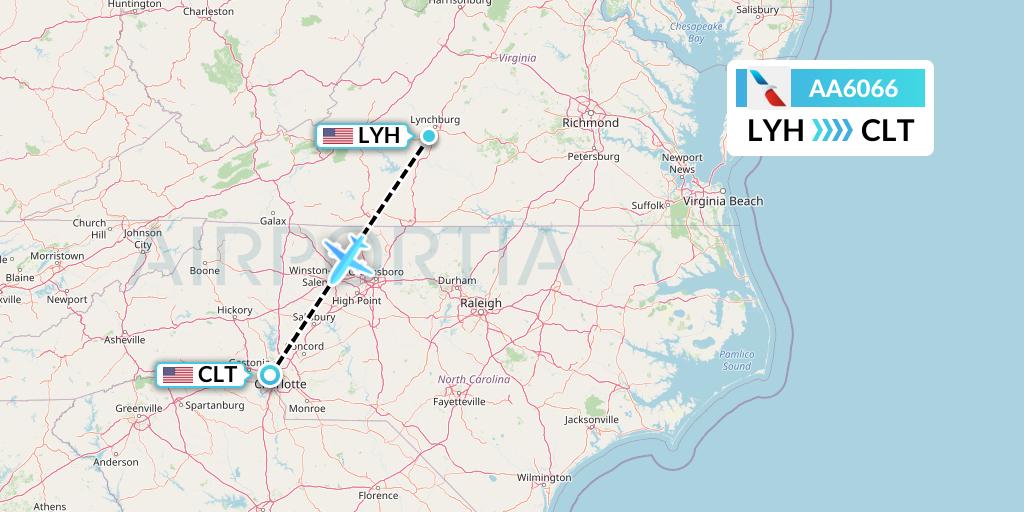 AA6066 American Airlines Flight Map: Lynchburg to Charlotte