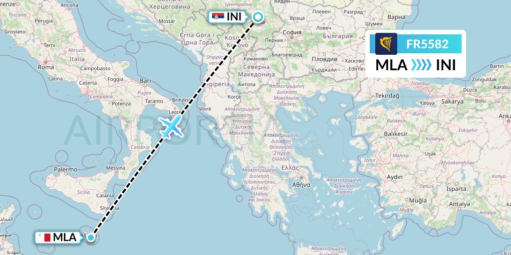 FR5582 Ryanair Flight Map: Malta to Nis