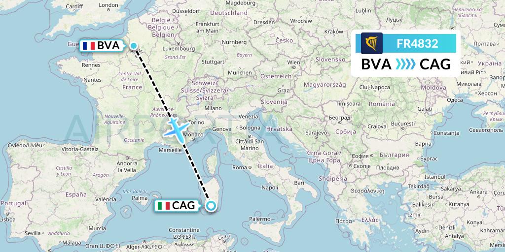 FR4832 Ryanair Flight Map: Paris to Cagliari