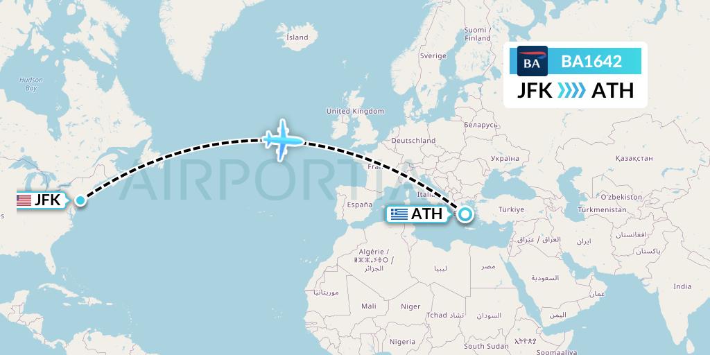 BA1642 British Airways Flight Map: New York to Athens