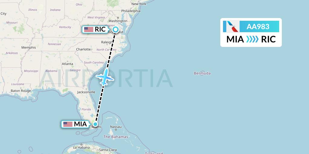AA983 American Airlines Flight Map: Miami to Richmond