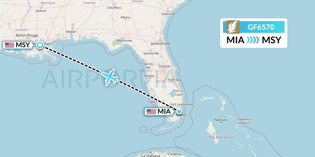 GF6570 Gulf Air Flight Map: Miami to New Orleans