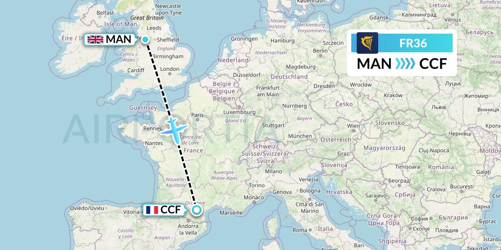 FR36 Ryanair Flight Map: Manchester to Carcassonne