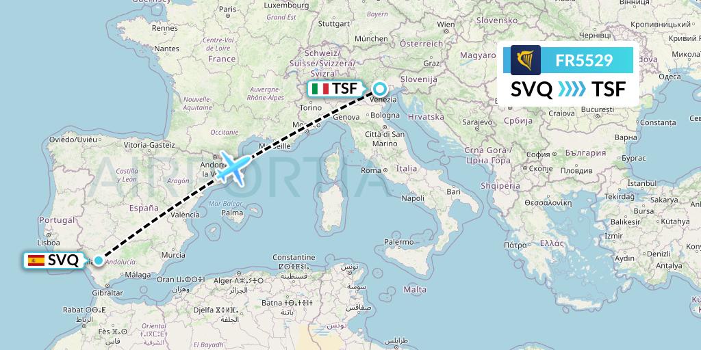 FR5529 Ryanair Flight Map: Seville to Treviso