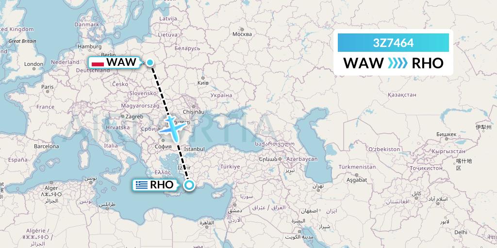 3Z7464 Travel Service Polska Flight Map: Warsaw to Rhodes