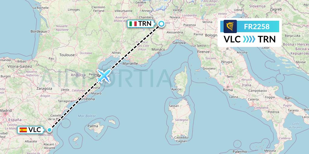 FR2258 Ryanair Flight Map: Valencia to Turin
