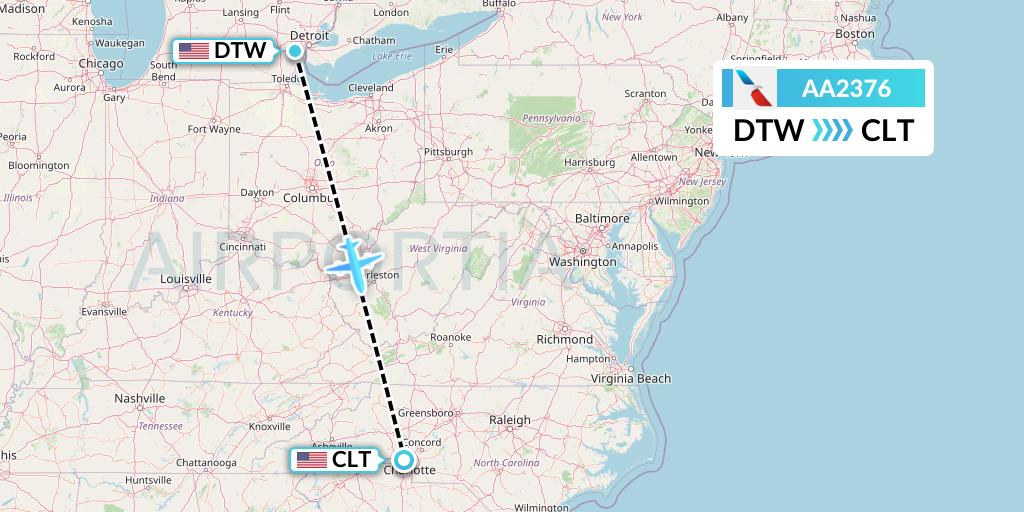 AA2376 American Airlines Flight Map: Detroit to Charlotte