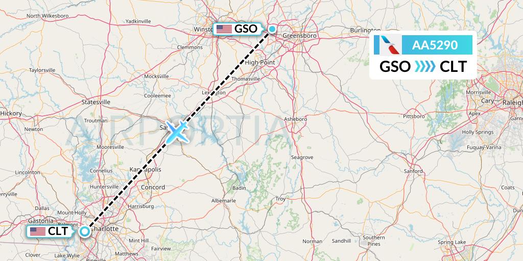 AA5290 American Airlines Flight Map: Greensboro to Charlotte