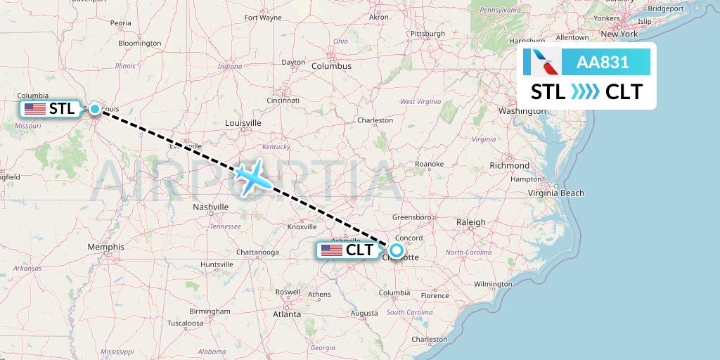 AA831 American Airlines Flight Map: St. Louis to Charlotte