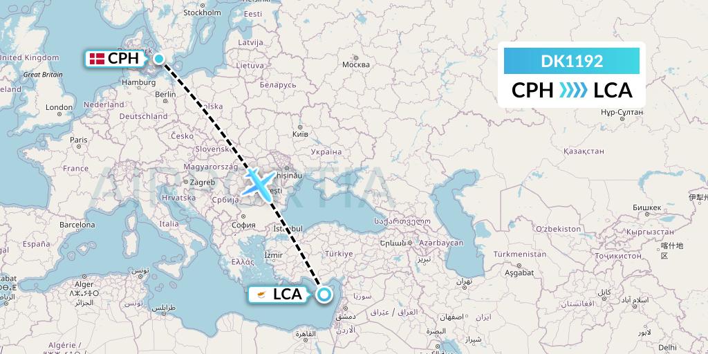 DK1192 Thomas Cook Airlines Scandinavia Flight Map: Copenhagen to Larnaca