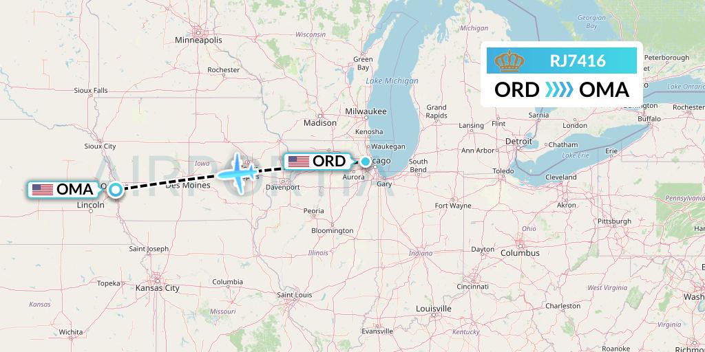RJ7416 Royal Jordanian Flight Map: Chicago to Omaha