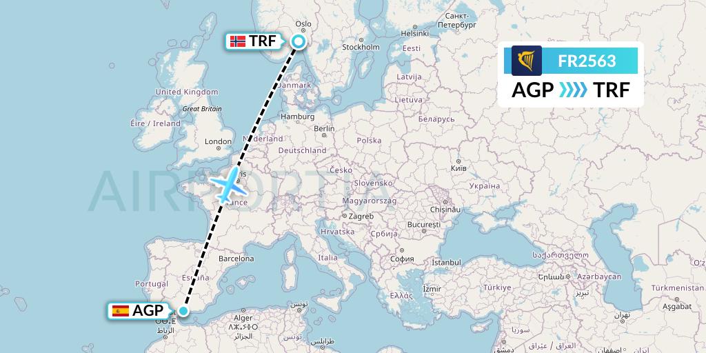 FR2563 Ryanair Flight Map: Malaga to Oslo