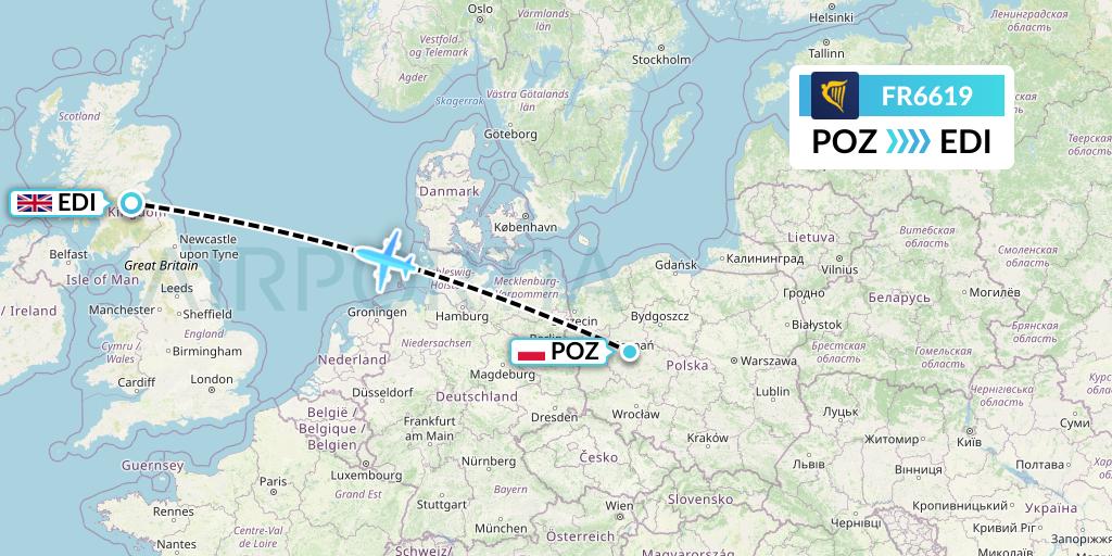 FR6619 Ryanair Flight Map: Poznan to Edinburgh