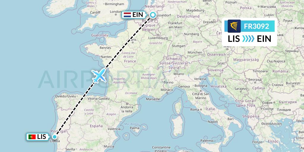 FR3092 Ryanair Flight Map: Lisbon to Eindhoven
