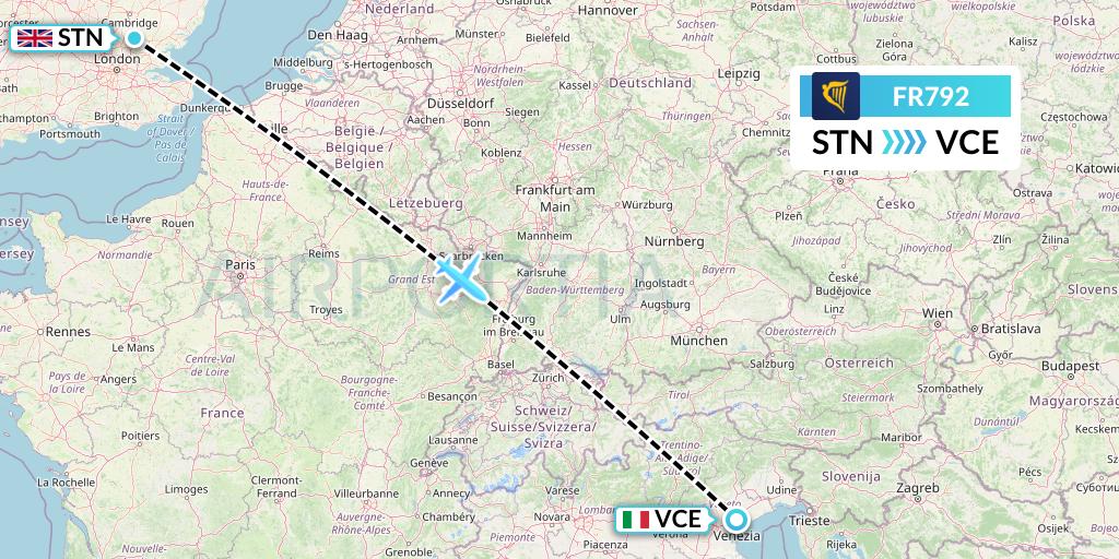 FR792 Ryanair Flight Map: London to Venice