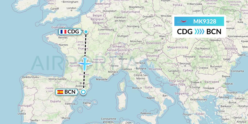 MK9328 Air Mauritius Flight Map: Paris to Barcelona