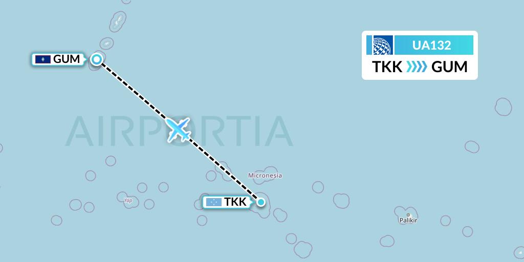 UA132 United Airlines Flight Map: Chuuk to Guam