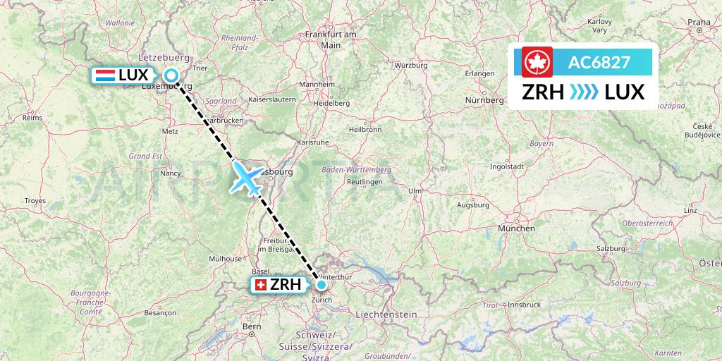 AC6827 Air Canada Flight Map: Zurich to Luxembourg