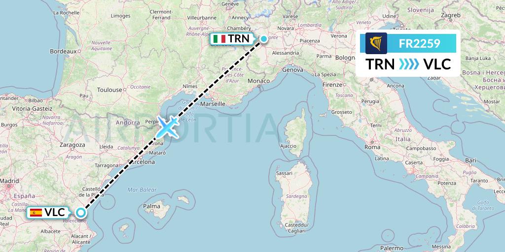 FR2259 Ryanair Flight Map: Turin to Valencia