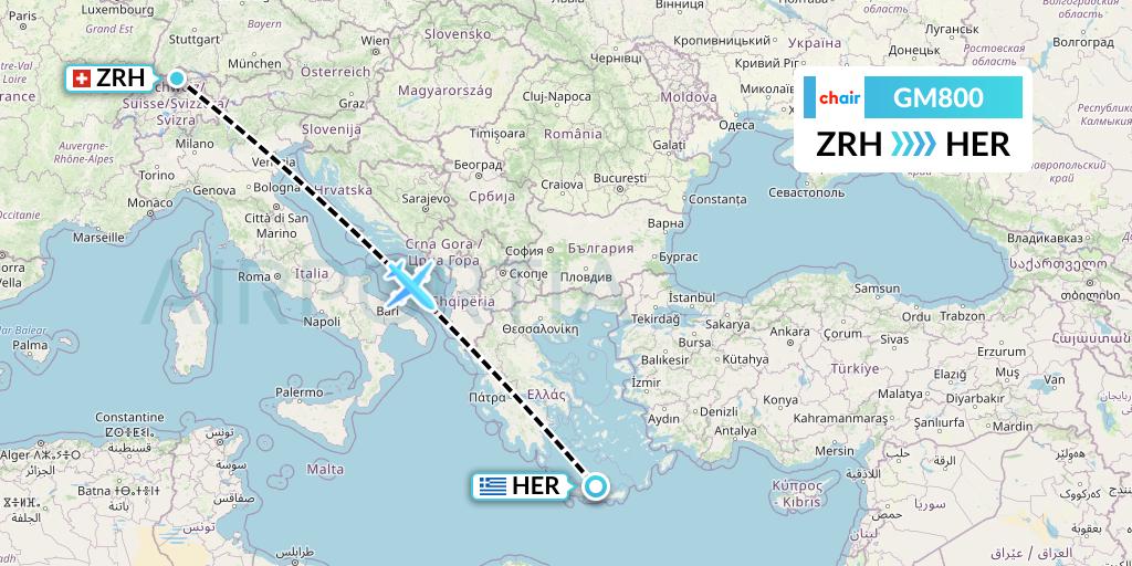 GM800 Chair Airlines Flight Map: Zurich to Heraklion