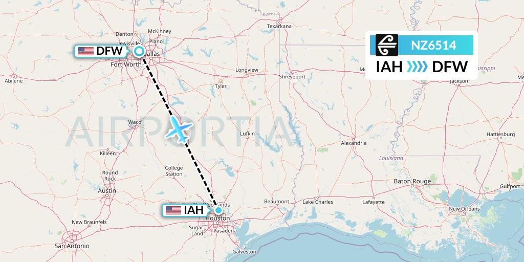 NZ6514 Air New Zealand Flight Map: Houston to Dallas