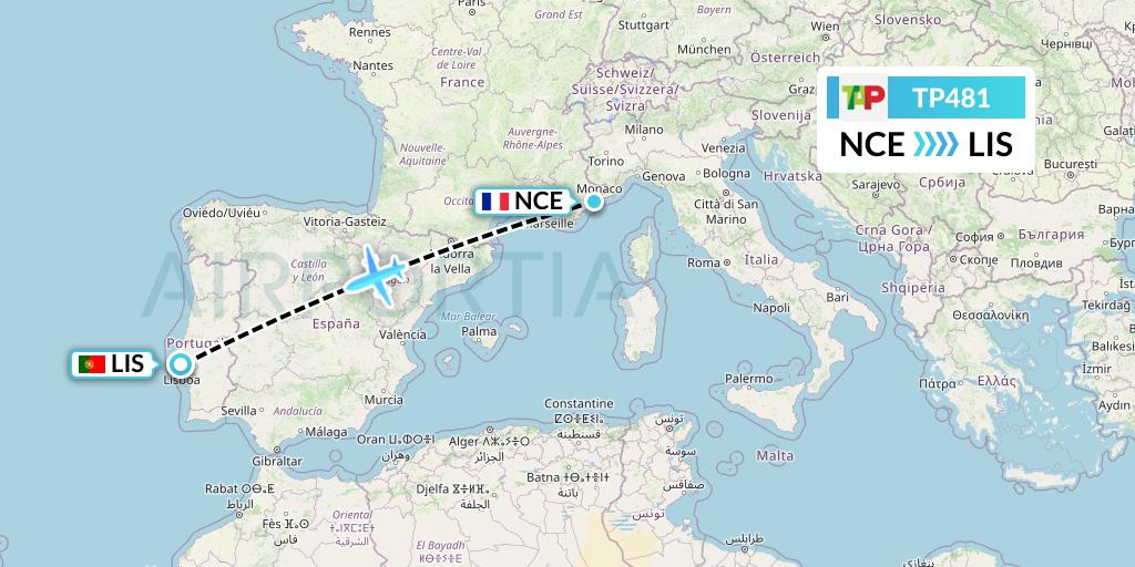TP481 TAP Portugal Flight Map: Nice to Lisbon