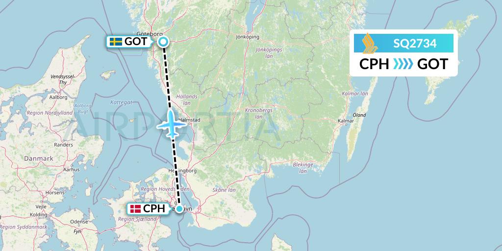 SQ2734 Singapore Airlines Flight Map: Copenhagen to Gothenburg