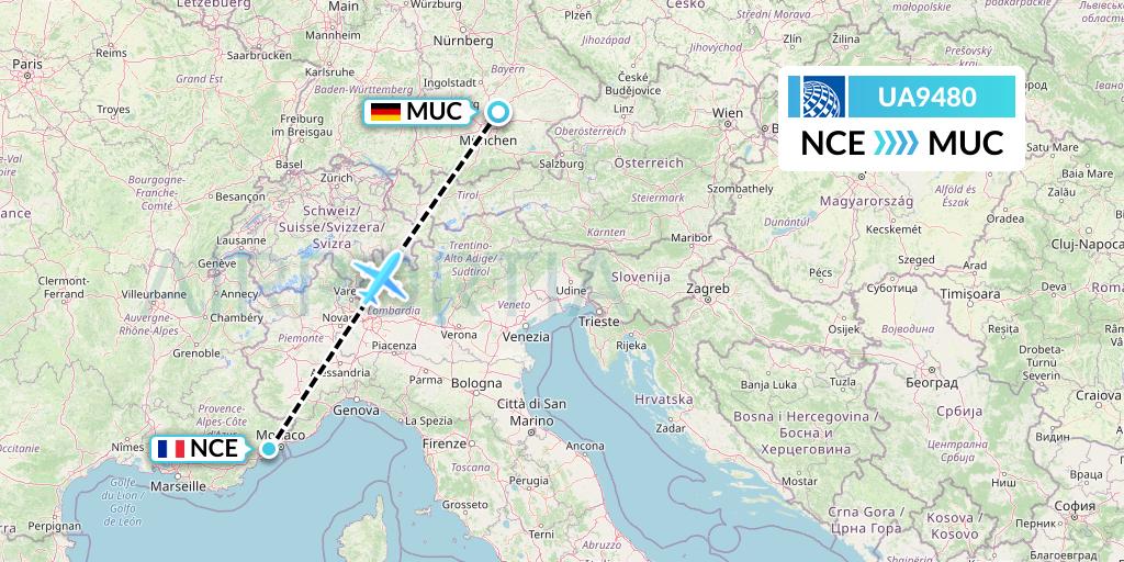 UA9480 United Airlines Flight Map: Nice to Munich