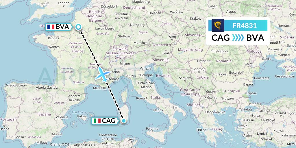 FR4831 Ryanair Flight Map: Cagliari to Paris