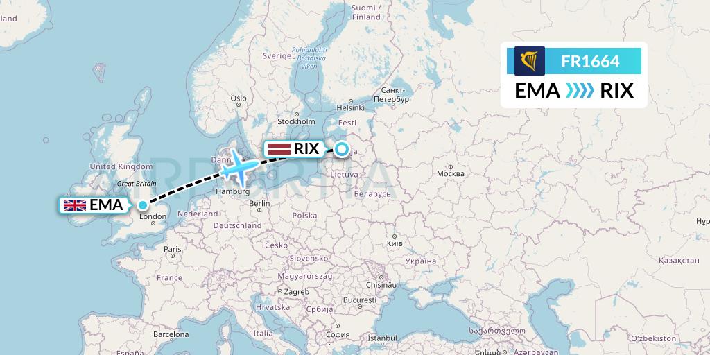 FR1664 Ryanair Flight Map: East Midlands to Riga