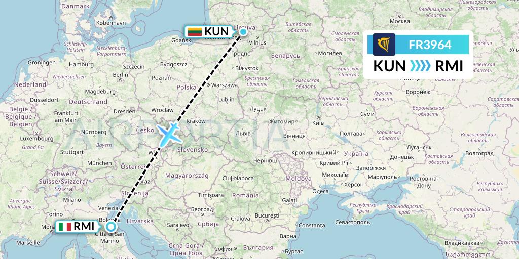 FR3964 Ryanair Flight Map: Kaunas to Rimini