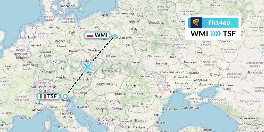 FR1460 Ryanair Flight Map: Warsaw to Treviso