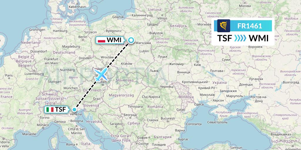 FR1461 Ryanair Flight Map: Treviso to Warsaw