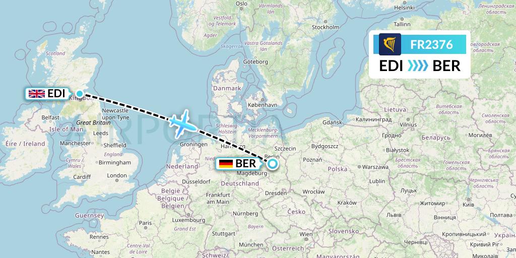 FR2376 Ryanair Flight Map: Edinburgh to Berlin