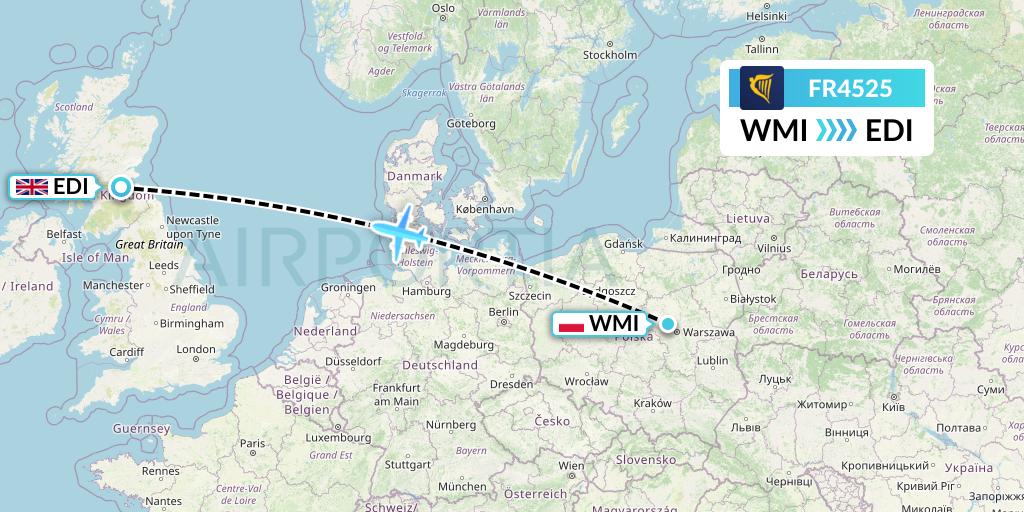 FR4525 Ryanair Flight Map: Warsaw to Edinburgh
