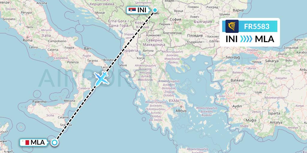 FR5583 Ryanair Flight Map: Nis to Malta
