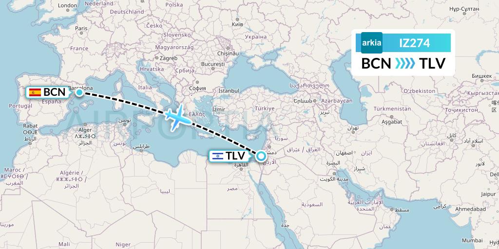 IZ274 Arkia Israeli Airlines Flight Map: Barcelona to Tel Aviv