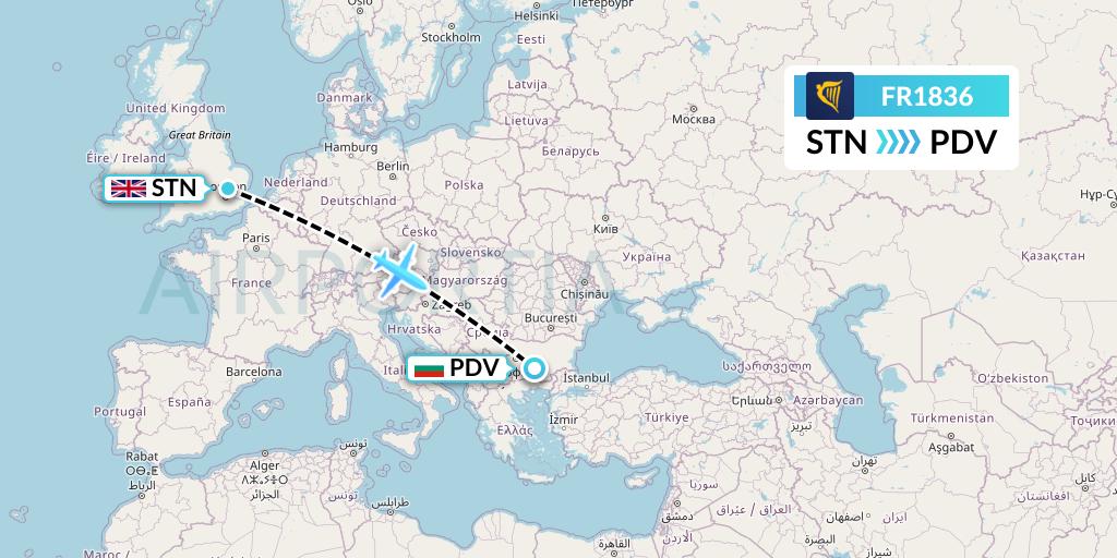 FR1836 Ryanair Flight Map: London to Plovdiv