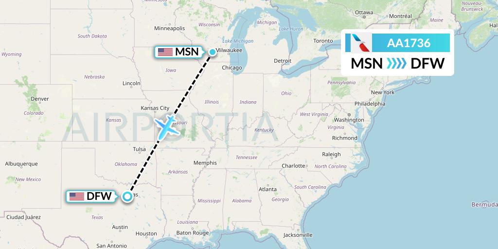 AA1736 American Airlines Flight Map: Madison to Dallas