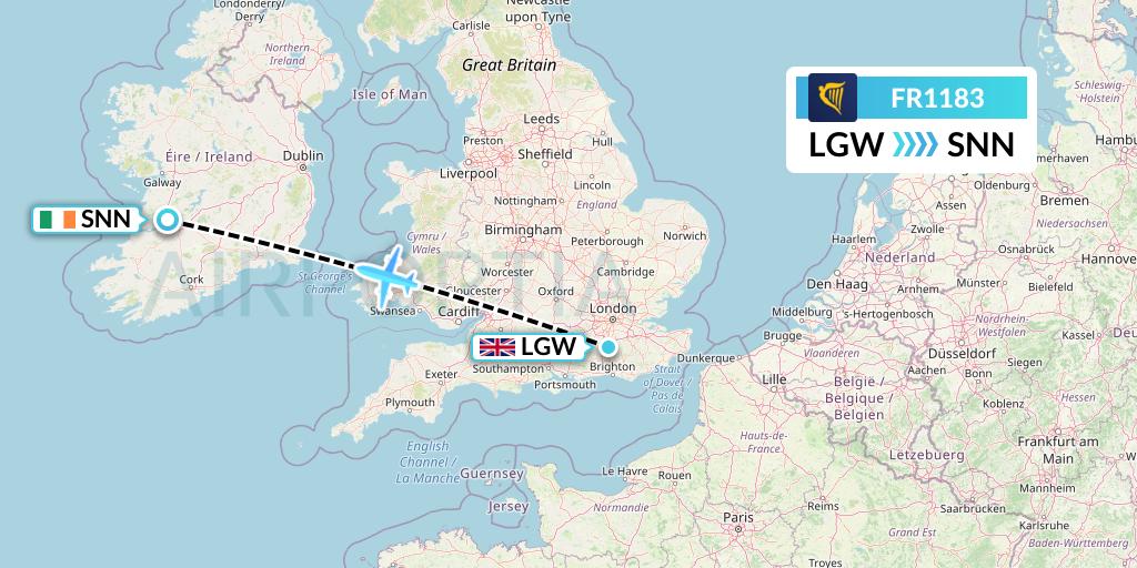 FR1183 Ryanair Flight Map: London to Shannon