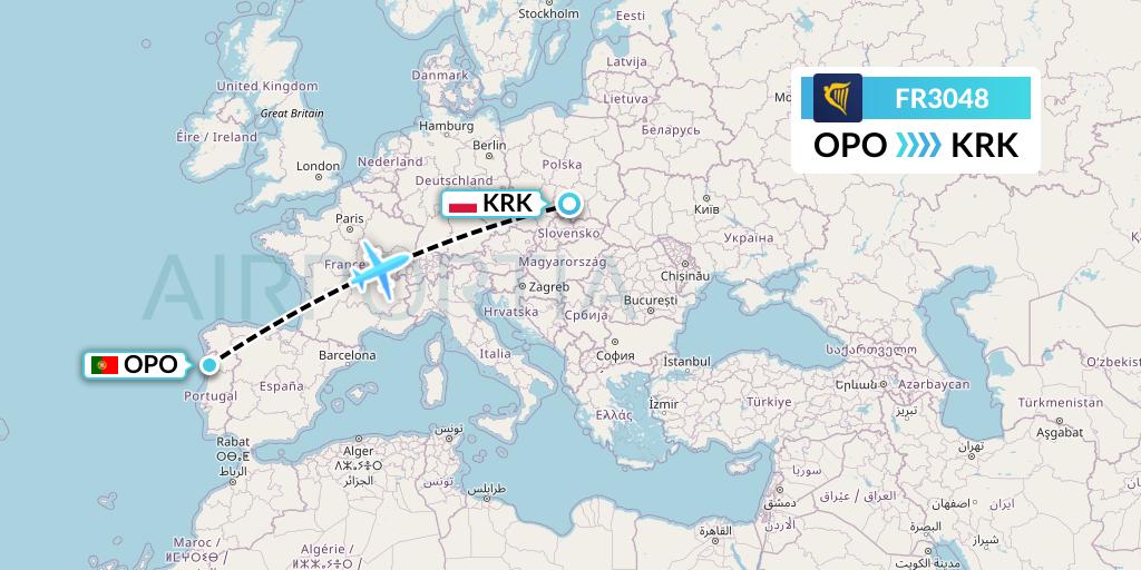 FR3048 Ryanair Flight Map: Porto to Krakow