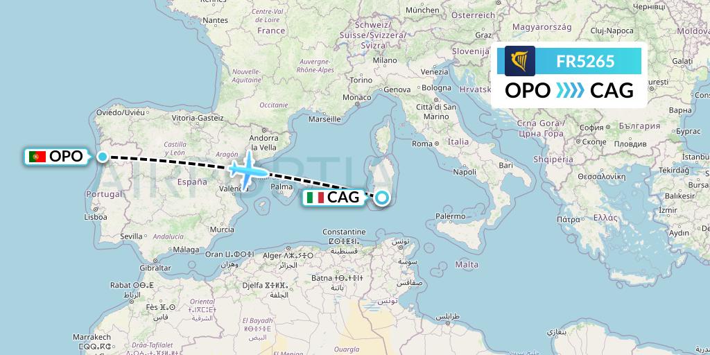 FR5265 Ryanair Flight Map: Porto to Cagliari
