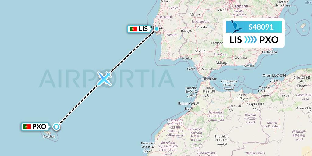 S48091 Azores Airlines Flight Map: Lisbon to Porto Santo