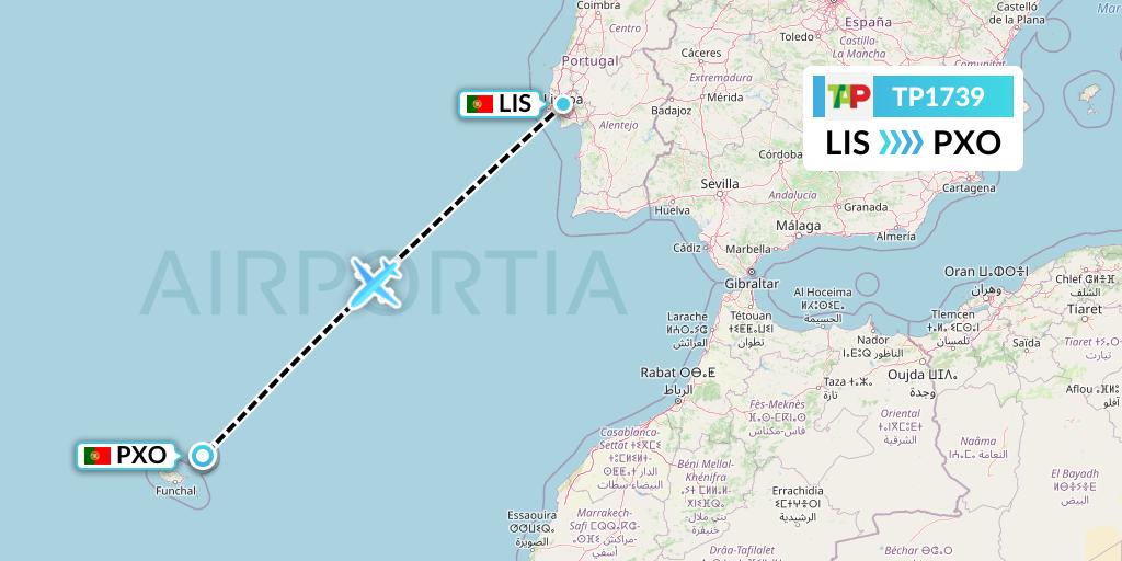 TP1739 TAP Portugal Flight Map: Lisbon to Porto Santo