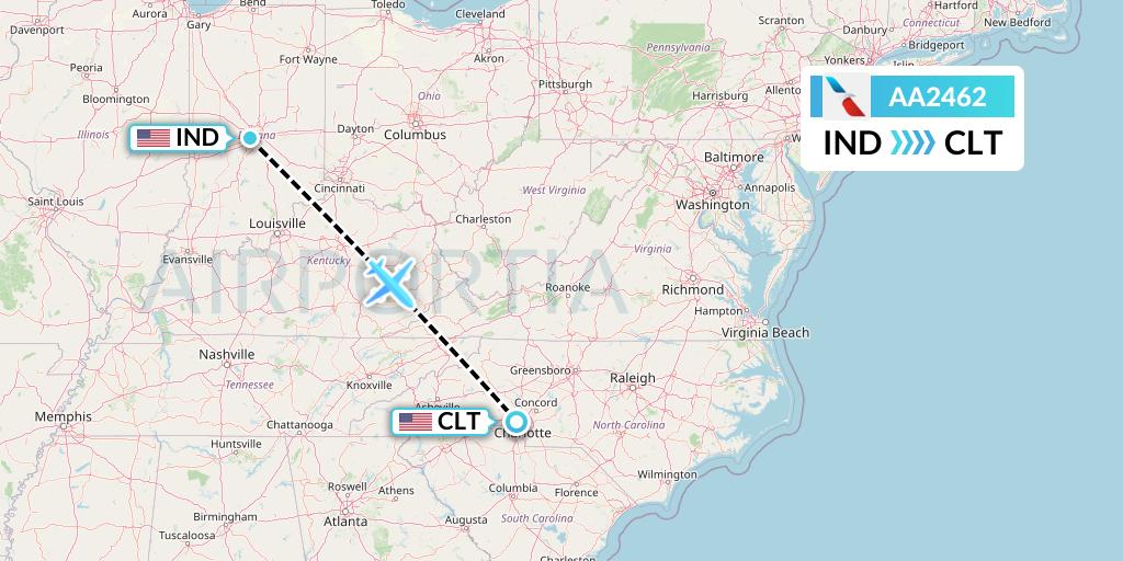 AA2462 American Airlines Flight Map: Indianapolis to Charlotte