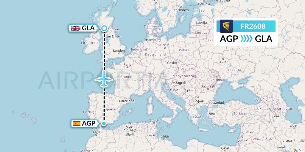 FR2608 Ryanair Flight Map: Malaga to Glasgow