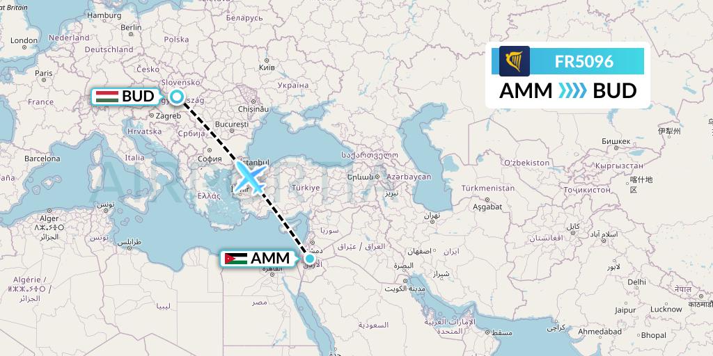 FR5096 Ryanair Flight Map: Amman to Budapest